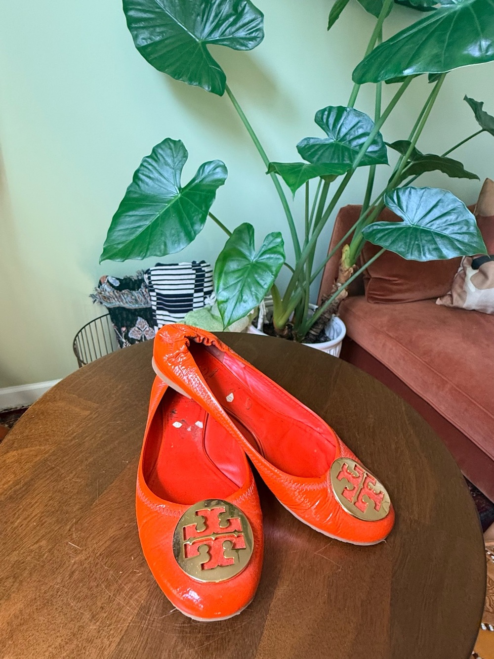 Tory Burch Orange Patent Logo Ballet Flats with Gold Emblem
